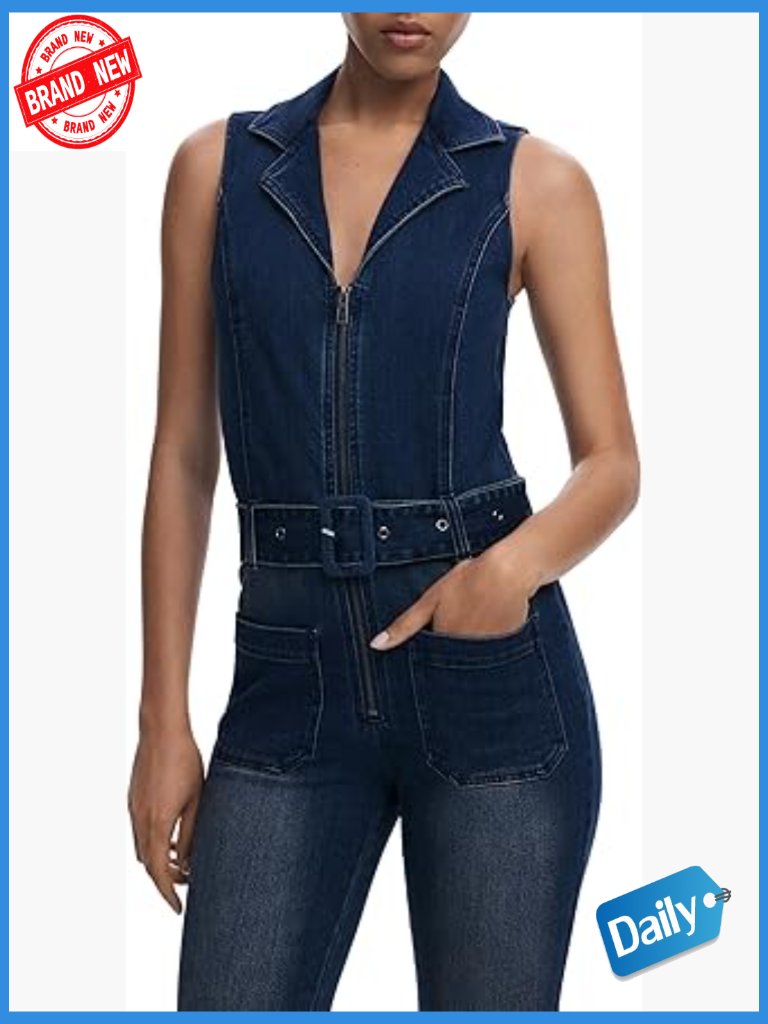 Women's Sleeveless Denim Jumpsuit With Zipper Closure